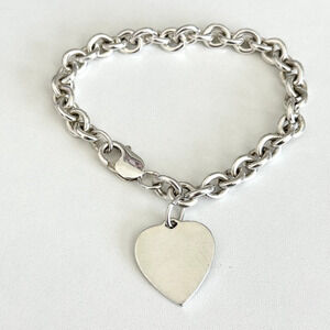 999 Pure Silver Heart Tag Charm Cable Link Ladies Bracelet 7.5"